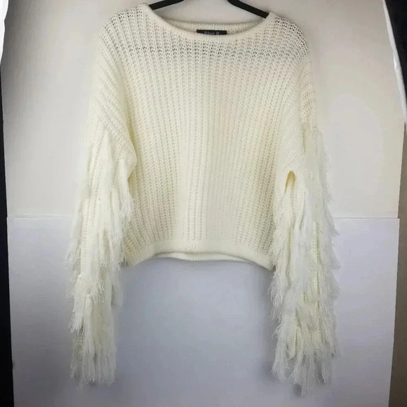 Blue B Collection Off-White Crop Women's Sweater with Fringe Sleeves Sz M/L - Picture 1 of 5